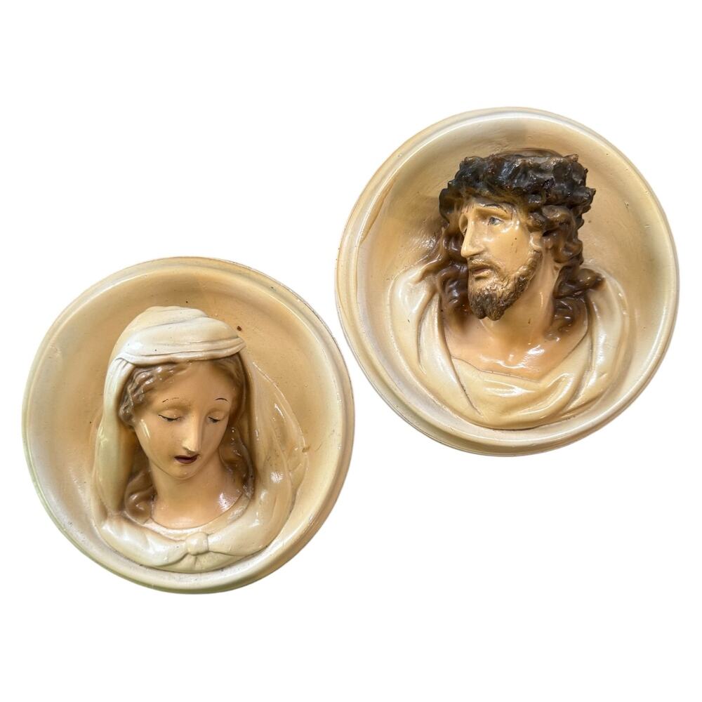 1960's Jesus and Virgin Mary 3D Chalkware Plaster Wall Plaques Rare Mid Century